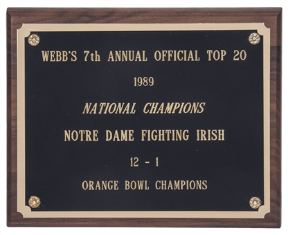 1989 Webbs 7th Annual Official Top 20 National Champions Notre Dame Fighting Irish Plaque (Holtz LOA)